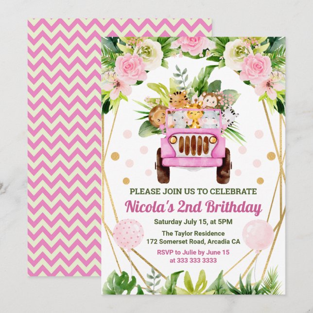 Watercolor Jungle Safari Animals Girls Birthday Invitation (Front/Back)