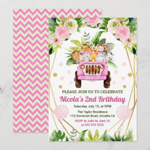 Watercolor Jungle Safari Animals Girls Birthday Invitation
