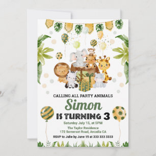 Watercolor Jungle Safari Animals Kids Birthday Invitation