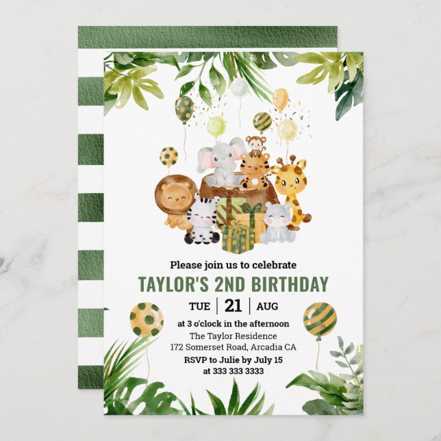 Watercolor Jungle Safari Animals Kids Birthday Invitation (Front/Back)
