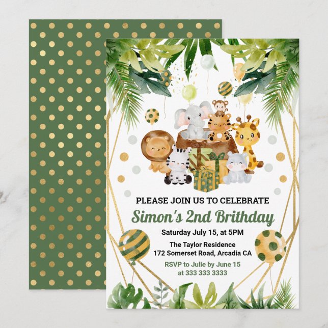 Watercolor Jungle Safari Animals Kids Birthday Invitation (Front/Back)