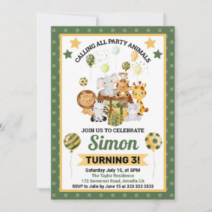 Watercolor Jungle Safari Animals Kids Birthday Invitation