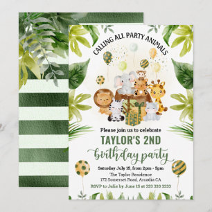 Watercolor Jungle Safari Animals Kids Birthday Invitation