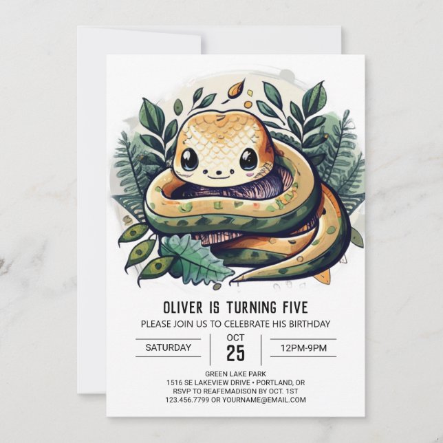 Watercolor Jungle Snake Birthday Invitation (Front)