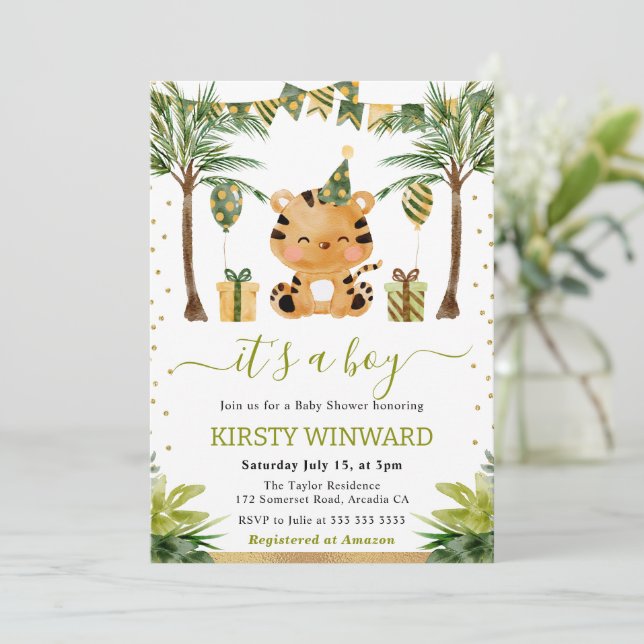 Watercolor Jungle Tiger Baby Boy Shower Invitation (Standing Front)