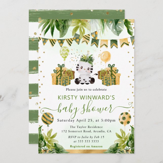 Watercolor Jungle Zebra Baby Shower Invitation (Front/Back)