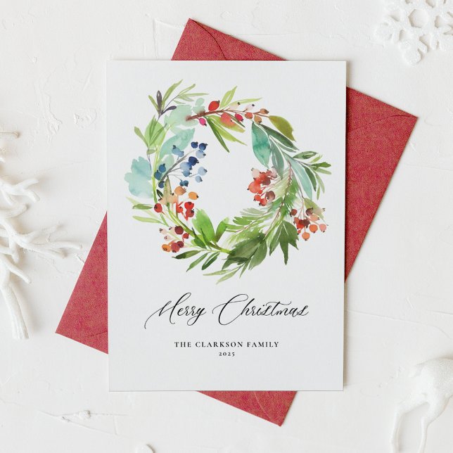Watercolor Juniper and Holly Wreath Christmas Holiday Card (Creator Uploaded)