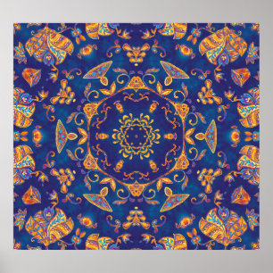 Watercolor Kaleidoscope Mandala Oriental Design. Poster