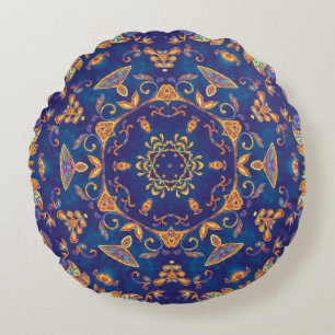 Watercolor Kaleidoscope Mandala Oriental Design. Round Cushion