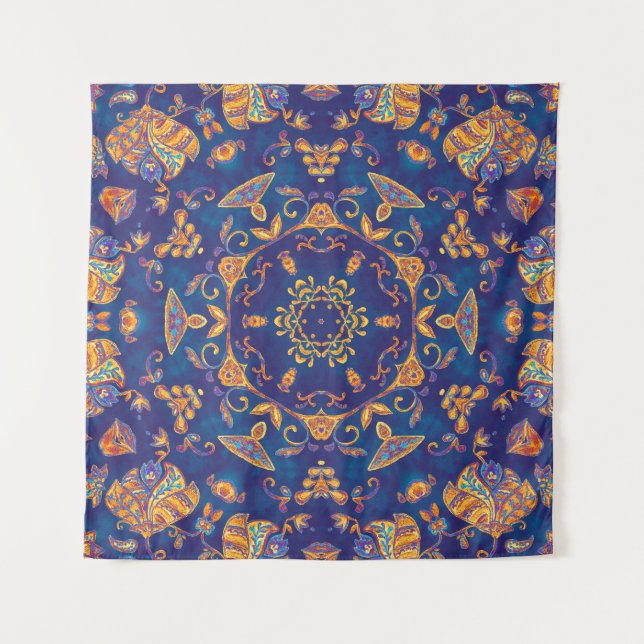 Watercolor Kaleidoscope Mandala Oriental Design. Tapestry (Front)