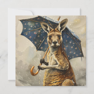 Watercolor Kangaroo Blue Floral Umbrella Rain Invitation