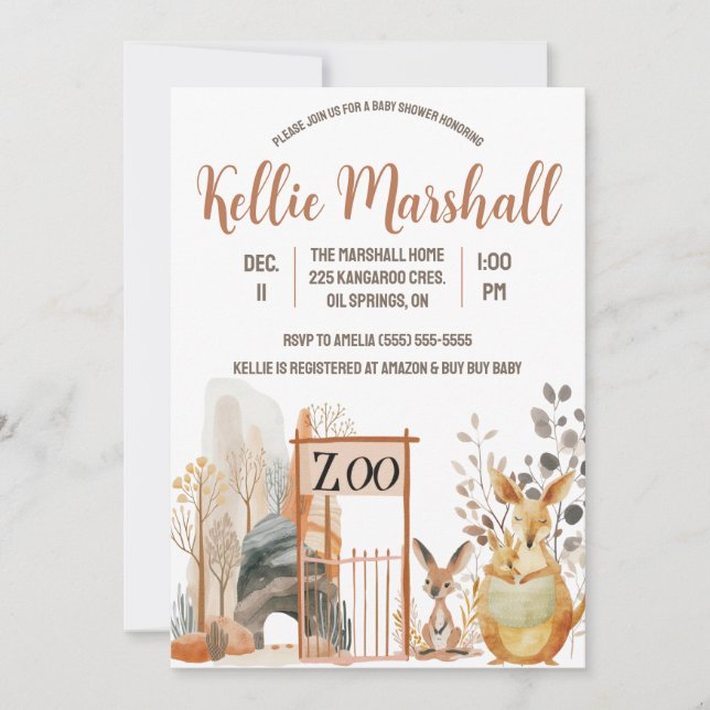 Watercolor Kangaroo Family, Zoo, Baby Shower Invitation (Front)