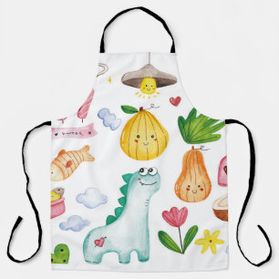 Watercolor kawaii doodles isolated on white backgr apron