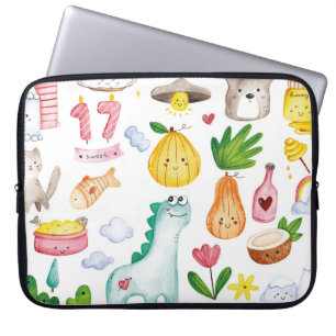Watercolor kawaii doodles isolated on white backgr laptop sleeve