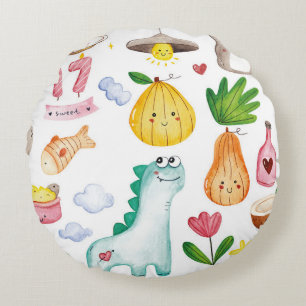 Watercolor kawaii doodles isolated on white backgr round cushion