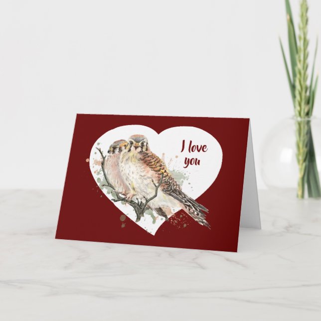 Watercolor Kestrel Falcon Couple I love You Card (Front)