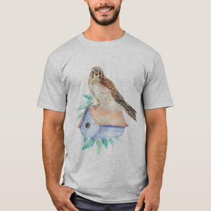 Watercolor Kestrel Sparrow Hawk Guarding Birdhouse T-Shirt