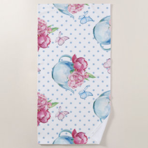 watercolor kettle peony beach towel