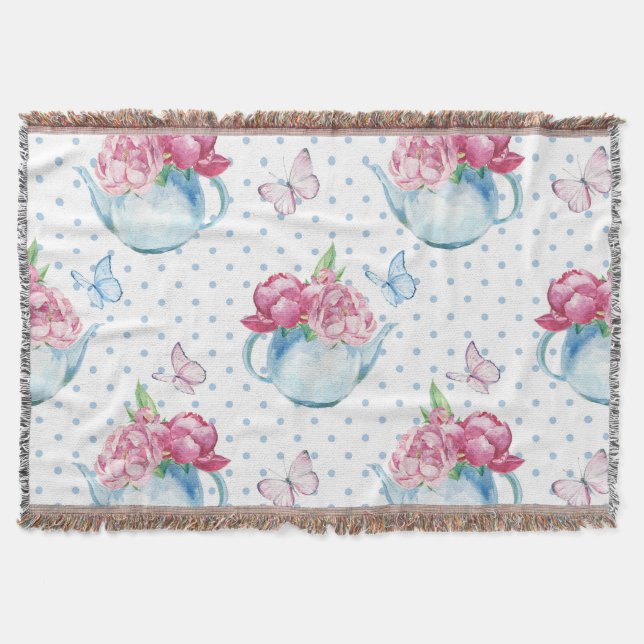 watercolor kettle peony throw blanket (Front)