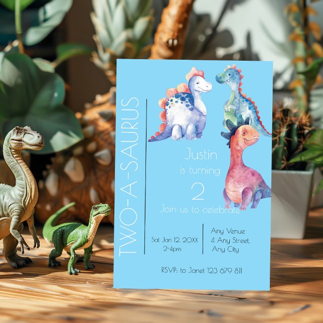 Watercolor Kids Dinosaur Turning Two Birthday Invitation (Creator Uploaded)