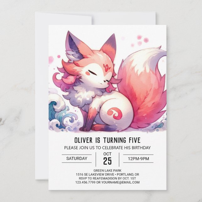 Watercolor Kids Fox Birthday Invitation (Front)