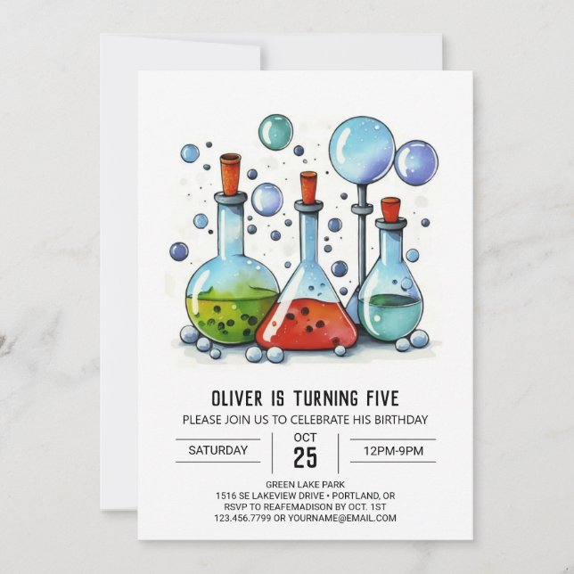Watercolor Kids' Laboratory Scientist Birthday Invitation (Front)