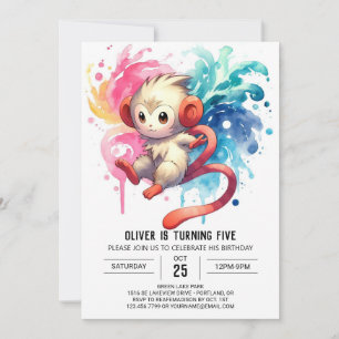 Watercolor Kids Monkey Birthday Invitation