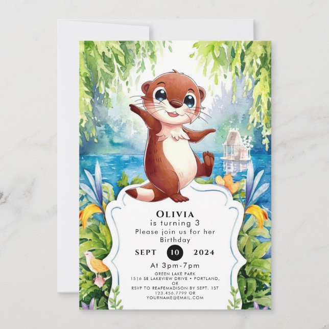 Watercolor Kids Otter Birthday Invitation (Front)