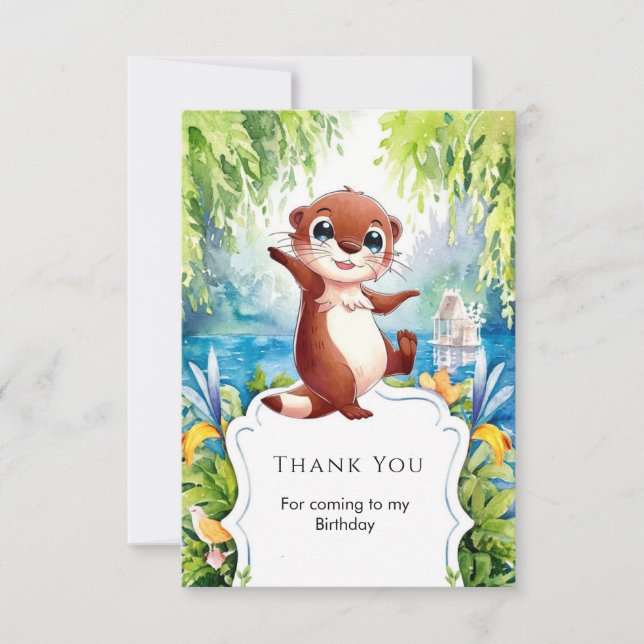 Watercolor Kids Otter Birthday Thank You Card (Front)