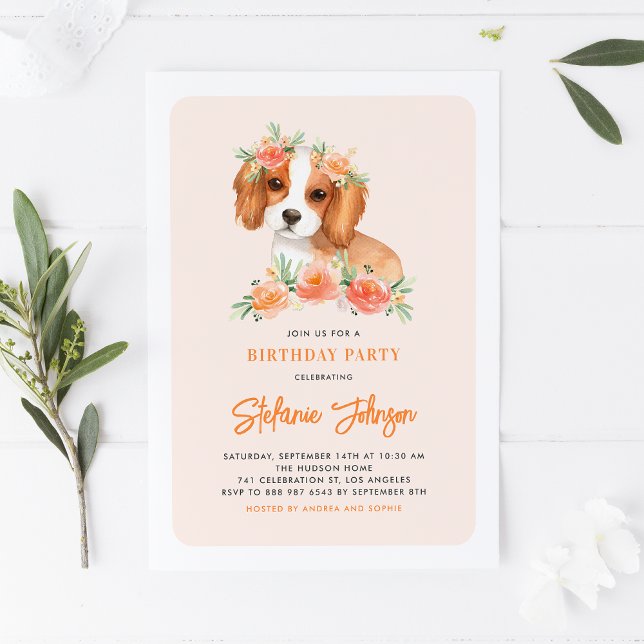 Watercolor King Charles Spaniel Floral Birthday Invitation (Creator Uploaded)
