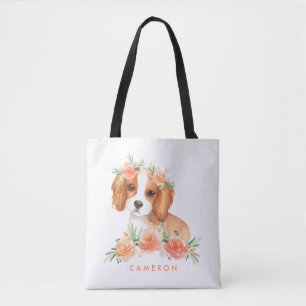 Watercolor King Charles Spaniel Orange Flowers Tote Bag