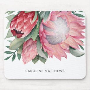 Watercolor King Protea Bouquet Botanical with Name Mouse Mat