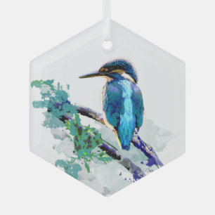 Watercolor Kingfisher Bird Wildlife Art Glass Tree Decoration