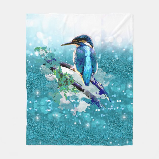 Watercolor Kingfisher Bird Wildlife Nature Art She Fleece Blanket (Front)