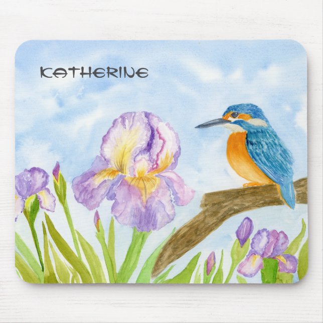 Watercolor Kingfisher with Purple Irises  Mouse Mat (Front)