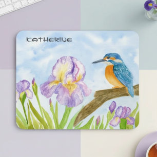 Watercolor Kingfisher with Purple Irises Mouse Mat