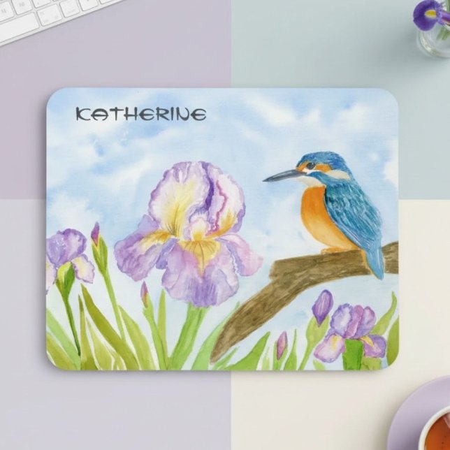 Watercolor Kingfisher with Purple Irises  Mouse Mat (Creator Uploaded)