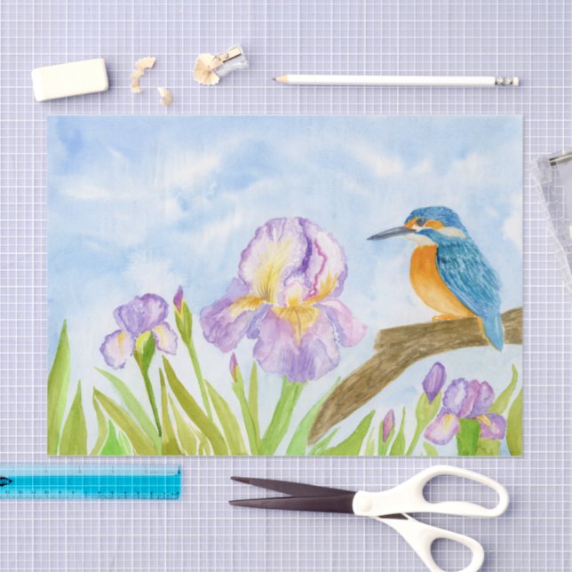 Watercolor Kingfisher with Purple Irises  Tissue Paper (Craft)