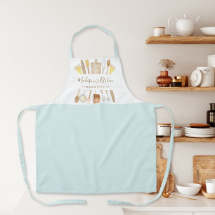 Watercolor Kitchen Cooking Utensils Pastel Blue Apron