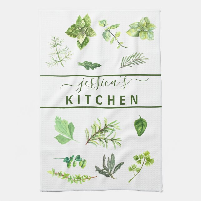 Watercolor Kitchen Herbs Greenery Personalised Tea Towel (Vertical)