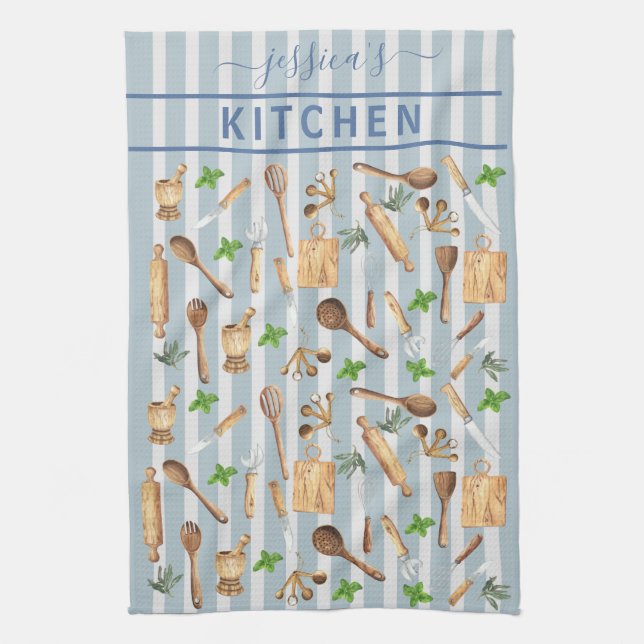 Watercolor Kitchen Monogram Utensils Modern Blue Tea Towel (Vertical)