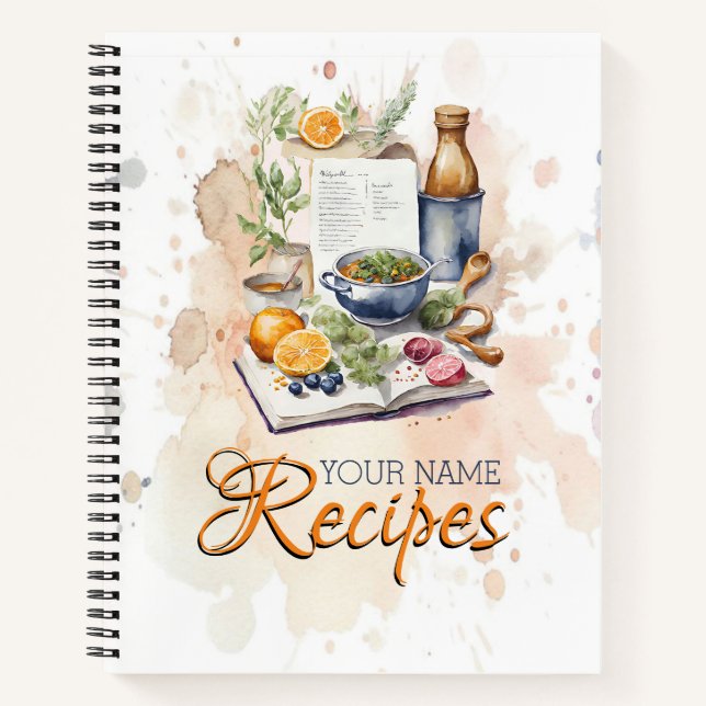 Watercolor Kitchen Recipe Modern Cookbook Notebook (Front)