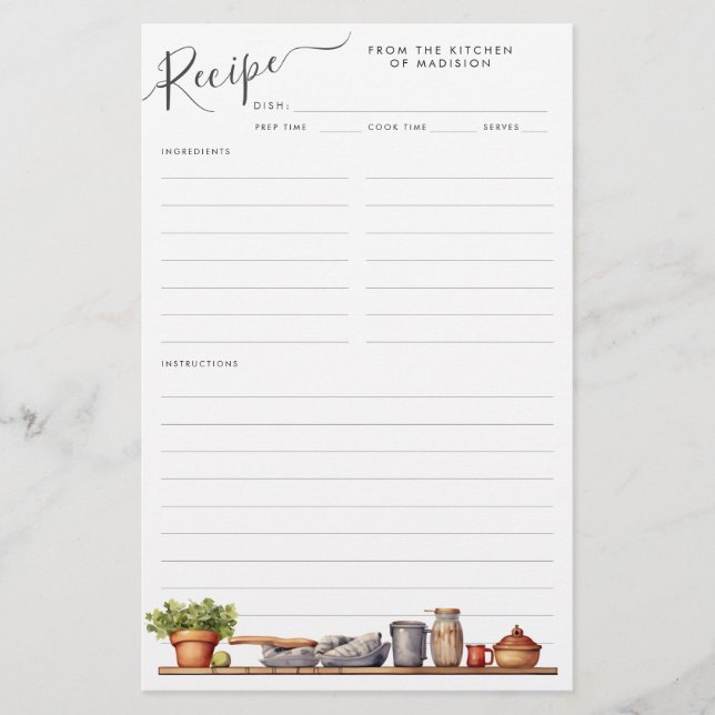 Watercolor Kitchen Shelf Pot Utensils Recipe Sheet (Front)