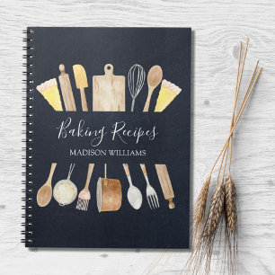 Watercolor Kitchen Utensils Black Baking Recipe Notebook