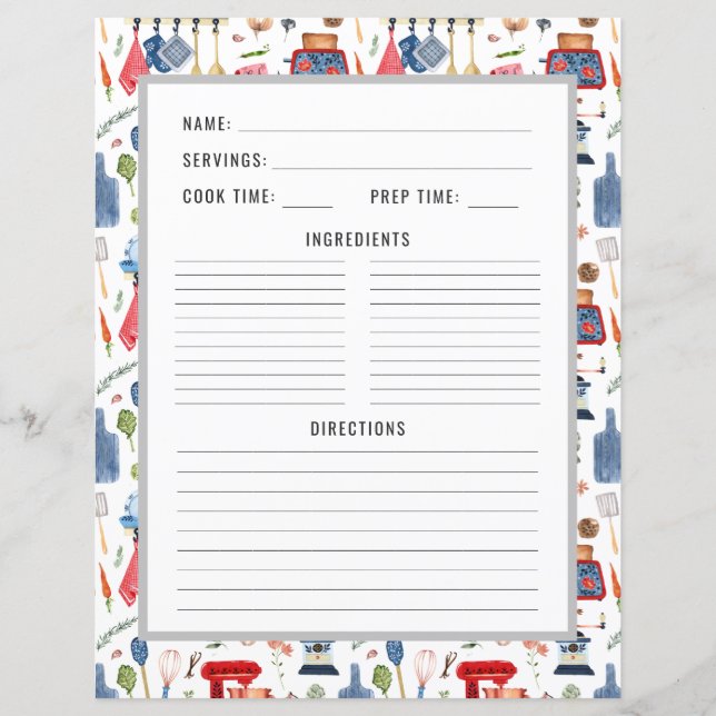 Watercolor Kitchen Utensils | Recipe Binder Page (Front)