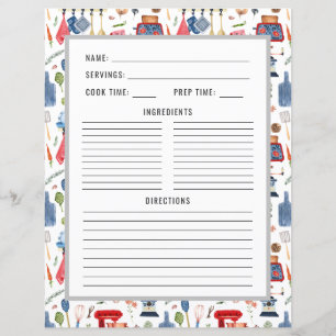Watercolor Kitchen Utensils   Recipe Binder Page