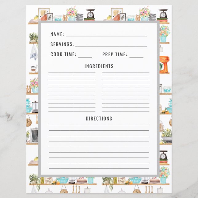 Watercolor Kitchen Utensils | Recipe Binder Page (Front)