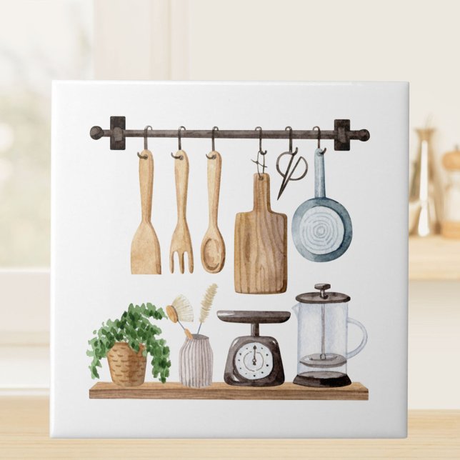 Watercolor Kitchen Utensils Tile (Close up)