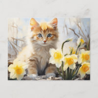 Watercolor Kitten and Daffodils 