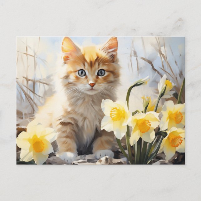 Watercolor Kitten and Daffodils  Postcard (Front)